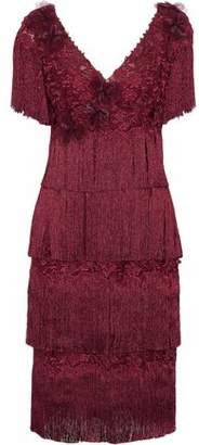 Marchesa Notte Fringed Tiered Appliqued Embroidered Tulle Dress