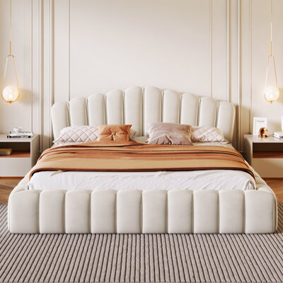 Luxurious Queen Size Shell-Shaped Headboard Upholstered Bed with Soft Velvet and Durable Frame for Comfort and Style