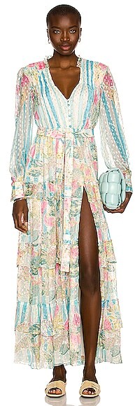 blue and white maxi dress with sleeves
