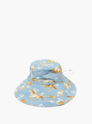 Ganni Horse-print Drawcord Cotton-poplin Bucket Hat - Blue Multi