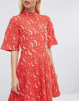 ASOS Kimono Sleeve Mini Skater Dress in Red Lace
