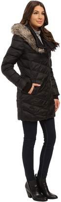 French Connection Drape Front Puffer Coat w/ Fur Trim