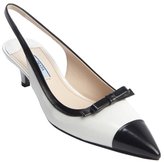 Thumbnail for your product : Prada white and black leather pointed toe kitten heel slingbacks