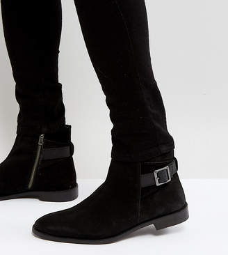 ASOS Wide Fit Chelsea Boots In Black Suede With Strap Detail