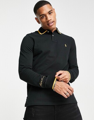 Polo Ralph Lauren gold icon tipped long sleeve pique polo custom fit in  black - ShopStyle