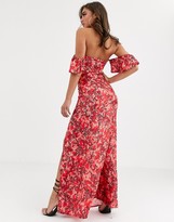 Thumbnail for your product : Koco & K off shoulder maxi dress with thigh split in red leaf print
