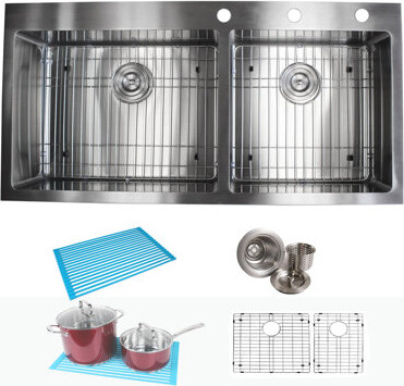 eModern Decor CozyBlock 43" L x 21.5" W Double Basin Drop-In Kitchen Sink With Accessories