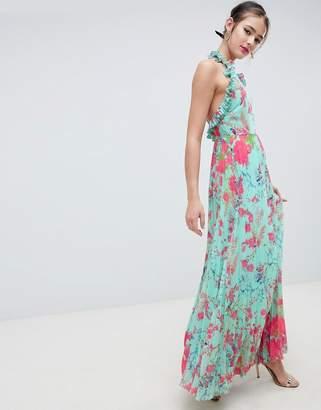 ASOS DESIGN Pleated Maxi Dress With Ruffle Open Back In Vintage Floral