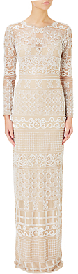 Adrianna Papell Illusion Long Sleeve Beaded Gown, Ivory/Nude