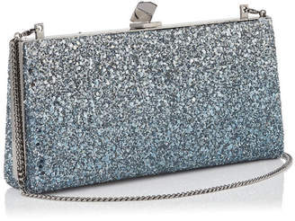 Jimmy Choo CELESTE/S Silver and Blue Fireball Glitter Dégradé Fabric Clutch Bag with Cube Clasp