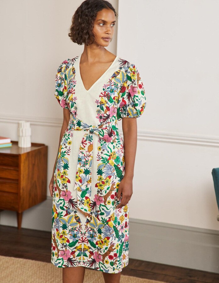Boden Puff Sleeve Linen Midi Dress - ShopStyle