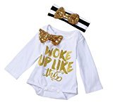 Fheaven Infant Baby Girl's Bowknot Romper Jumpsuit +Headband With Gold Bowknot 2PC Set Clothes (12M)