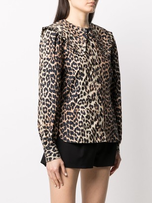Ganni Exaggerated-Collar Leopard-Print Blouse