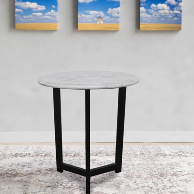 Onyx Marble Designs Round Onyx Marble Side Table With Black Metal Base, 20 Inch Diameter, 24 Inch Height, Badal Gray