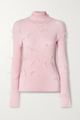 Marques Almeida Feather-embellished Ribbed-knit Turtleneck Sweater - Baby pink