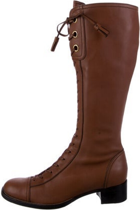 Miu Miu Leather Knee-High Combat Boots Brown Round-Toes Exposed Zip Closure at Sides Designer