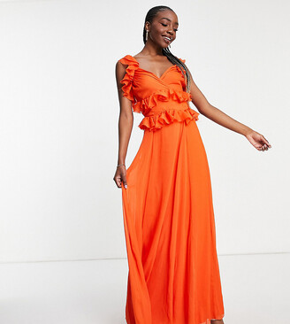 ASOS Tall ASOS DESIGN Tall tiered ruffle maxi dress with tie back in orange