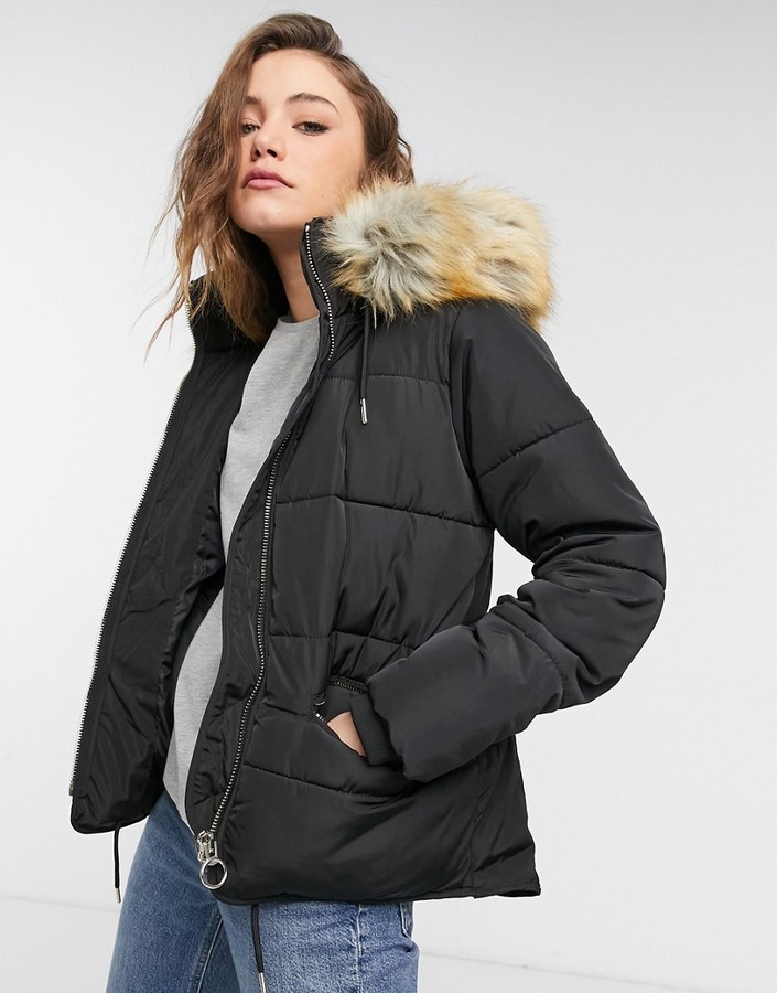 Topshop faux fur hooded coat in black - ShopStyle
