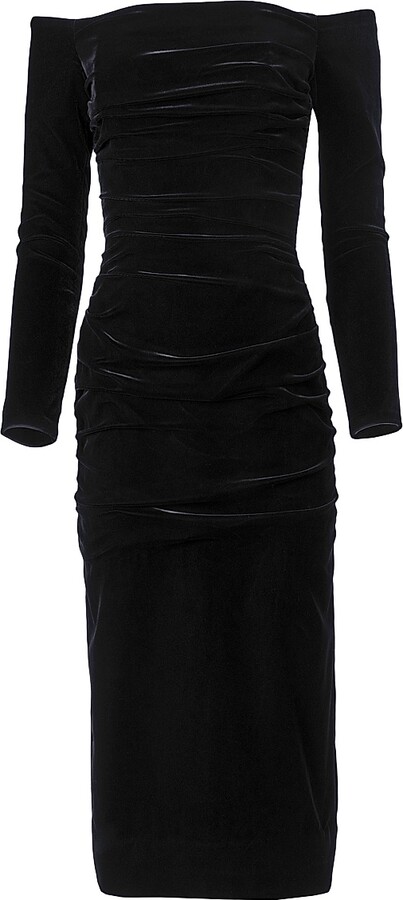 Women's Velvet Off-The-Shoulder Midi-Dress - Black - Size 0