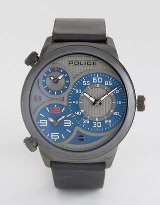 Police Elapid Mens Black Leather Strap Watch With Gray And Blue Mutli Functional Dial