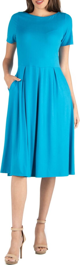 24/7 Comfort Apparel Women’s Midi Dress with Short Sleeves and Pocket Detail