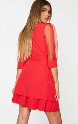 PrettyLittleThing Red Organza Sleeves Pleated Skirt Bodycon Dress