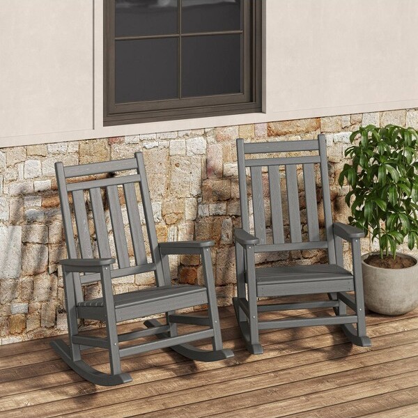 Garvee PolyLumberRockingChairOutdoorSetof2-HDPEHighBackPorchRockerChairsforAdults-AllWeatherResistantFurnitureforPatioGrey