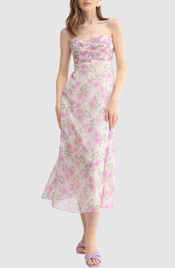 Lush Floral Shirred Bodice A-Line Midi Dress