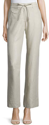 Neiman Marcus Straight-Leg Drawstring-Waist Linen Pants, Natural, Women's