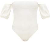 Thumbnail for your product : PrettyLittleThing Sand Bardot Rib Puff Sleeve Thong Bodysuit
