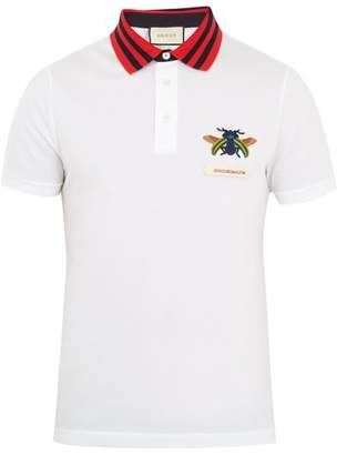 Gucci Beetle Applique Cotton Pique Polo Shirt - Mens - White Multi