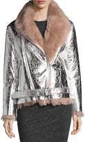 Thumbnail for your product : IRO Metallic Leather Biker Jacket with Shearling Lining