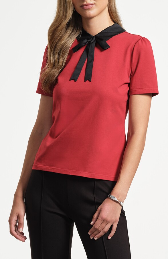 Isaac Mizrahi New York Satin Trim Peter Pan Collar Stretch Cotton T-Shirt