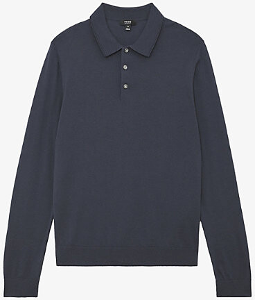 Reiss Mens Midnight Navy Trafford Half-Button Merino-Wool Polo L