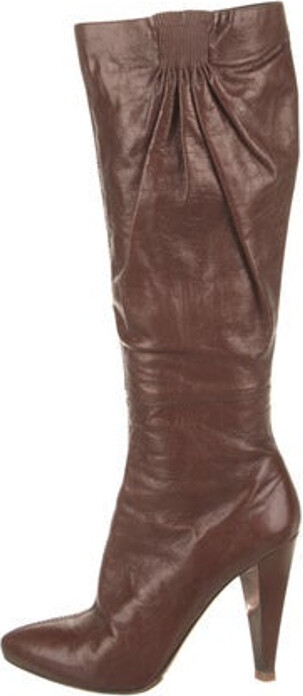 Miu Miu Leather Knee-High Boots Brown Pointed-Toes Exposed Zip Closure at Sides Designer