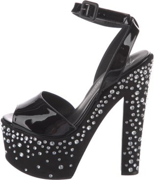 Giuseppe Zanotti Patent Leather Slingback Pumps Black Polka Dot Print Round-Toes Platform Wrap-Around Straps & Buckle Closure at Ankles Includes Dust Bag