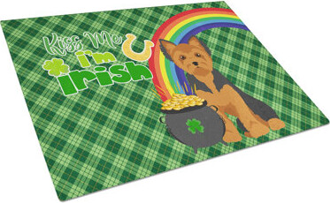 EvoNet Black And Tan Puppy Cut Yorkshire Terrier St. Patrick's Day Tempered Glass Cutting Board – Decorative Large Size Chopping Board For Serving