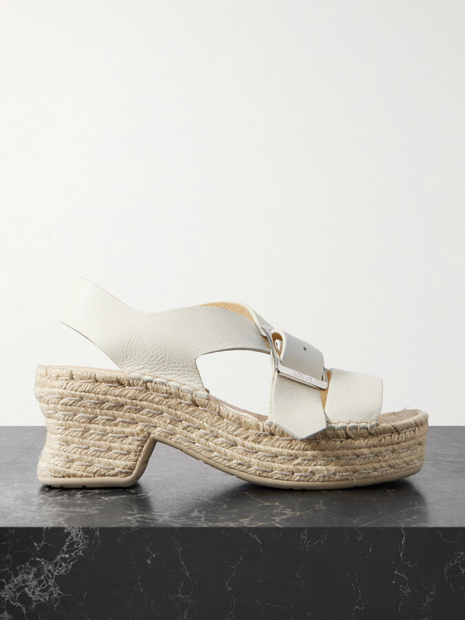 Loewe + Paula's Ibiza Petal Leather And Raffia Espadrille Platform Sandals - White