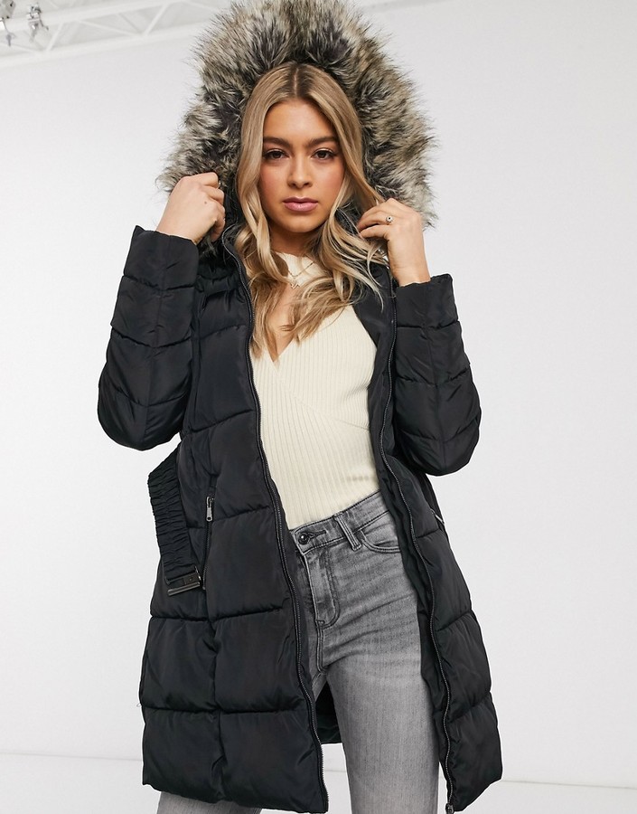 AX Paris belted puffer longline coat with faux fur hood - ShopStyle