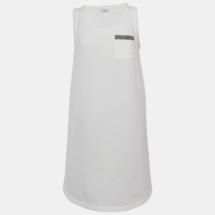 Brunello Cucinelli White Jersey Monili Pocket Detail Sleeveless Mini Dress L