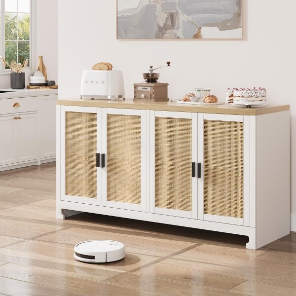 Jojoka RattanBuffetCabinetAccentStorageCabinetwith4DoorsandShelfSideboardBuffetCabinetwithStorageModernConsoleCoffeeBarCabinetWhite