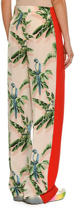 Stella McCartney Birds of Paradise Print Wide-Leg Lounge Pants w/ Solid Stripe