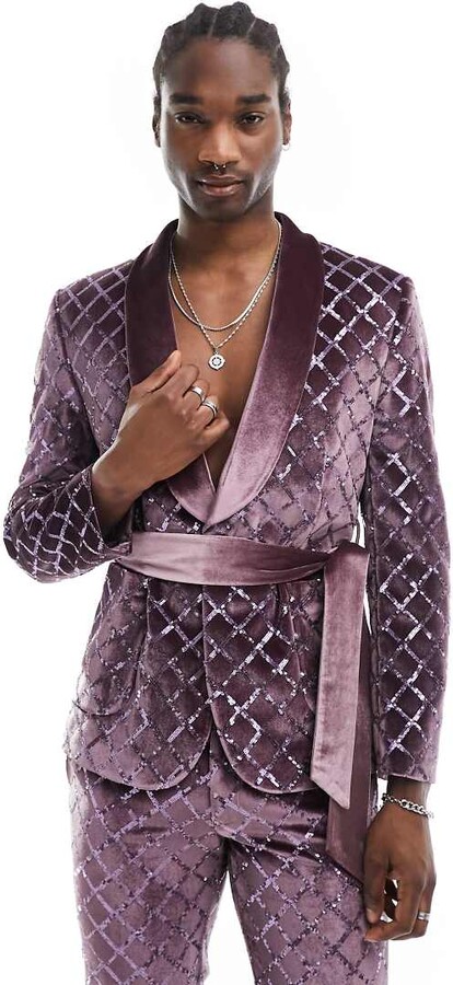 ASOS DESIGN slim diamond sequin suit jacket in lilac ShopStyle
