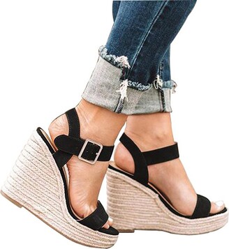 UK Women Ankle Strap Open Toe Wedge Sandal Espadrilles Platform High Heels Shoes 