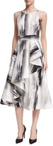 Thumbnail for your product : Aidan Mattox Sleeveless Brushstroke-Print Dress w/ Ruffled Skirt