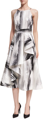 Aidan Mattox Sleeveless Brushstroke-Print Dress w/ Ruffled Skirt