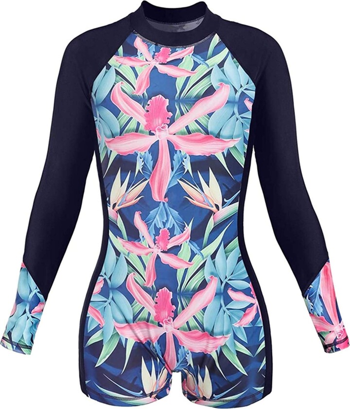 Charmo Women Long Sleeve One Pieces Rashguard Floral Printed Surfing Swimsuit UV Bathing Suit