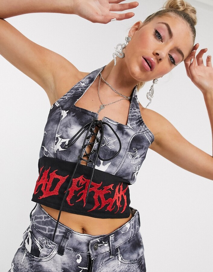 Jaded London halter neck lace up bralet in gothic denim co-ord