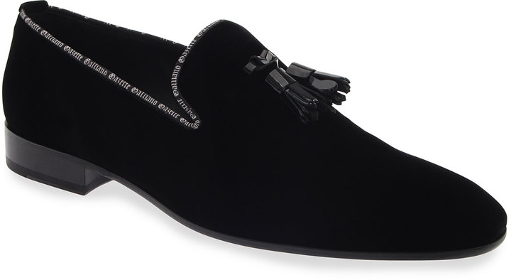 Mens black velvet loafers with tassels Clearance