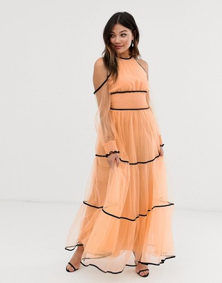 True Decadence premium off shoulder maxi dress with contrast trim in apricot